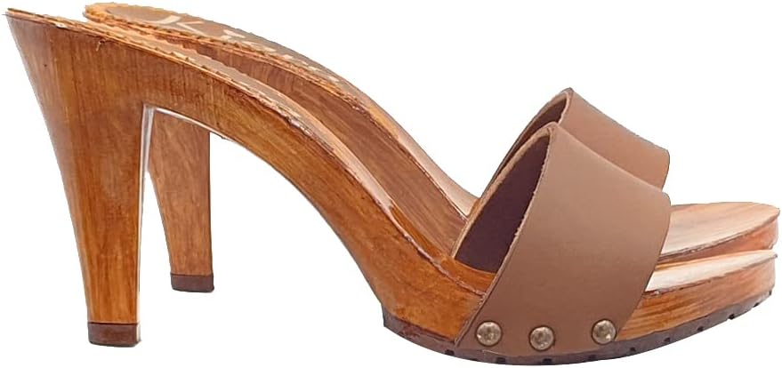 Kiara Shoes Damen Clogs mit sexy Absatz und Lederband Made in Italy - K6102 Cuoio (40, BRAUN) 40 EU