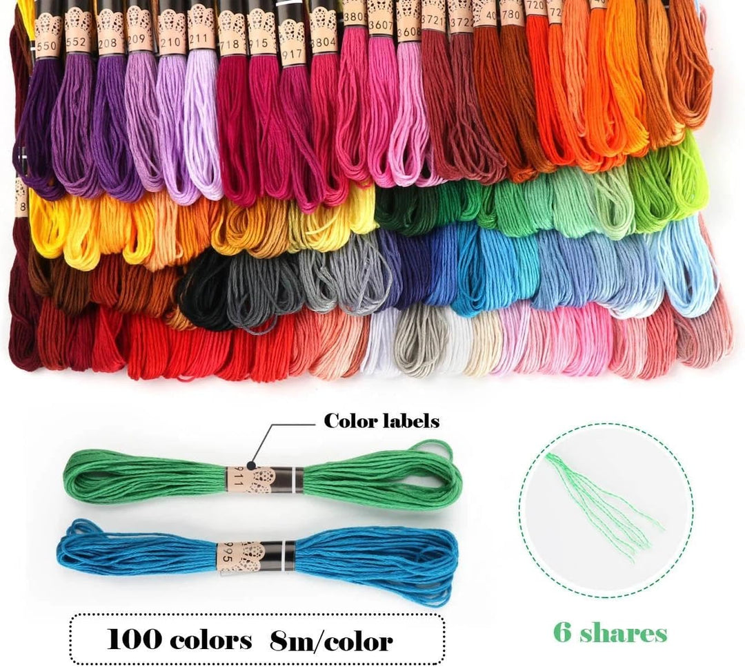 ilauke Stickgarn set 100 Farben,Kreuzstich Set mit Jutebeutel,Rahmen aus Bambus,Embroidery Floss Mul
