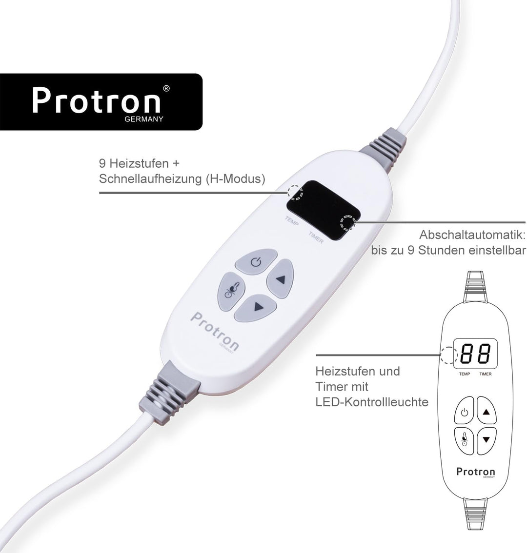 Protron Elektrische Wärmedecke Wärmebett Kuscheldecke mit Abschaltautomatik, 9 Heizstufen, LED Überh