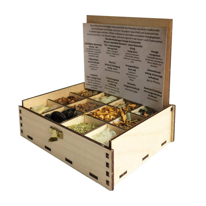 Räucherbox Geschenkbox mit 12 Sorten Räuchermischungen Energie & Zuversicht, 14 x 10 x 4 cm, Energie
