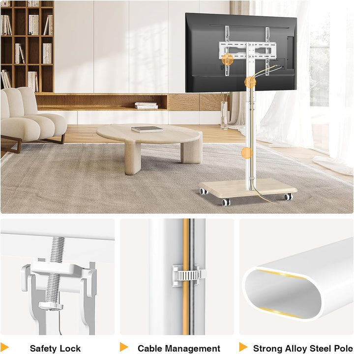 TVON Weiss TV Ständer mit Rollen für 32-65 Zoll Fernseher, Holz TV Standfuss Mobiler Fernsehständer