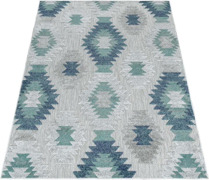 Carpetsale24 Outdoor Teppich Modern, Kelim Berber Muster 3D Optik, Rechteckig, Grau mit blauen Muste