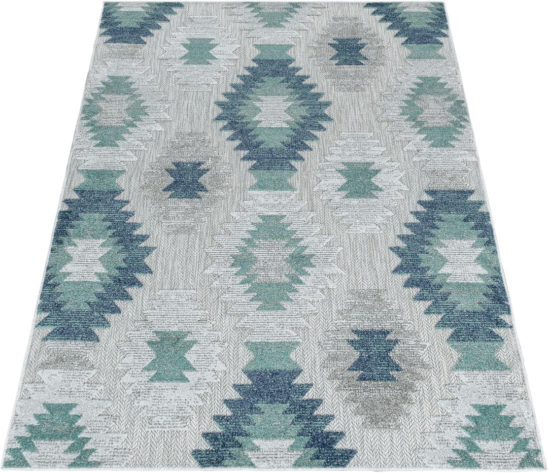 Outdoor Teppich Modern, Kelim Berber Muster 3D Optik, Rechteckig, Grau mit blauen Mustern, Hoch-Tief