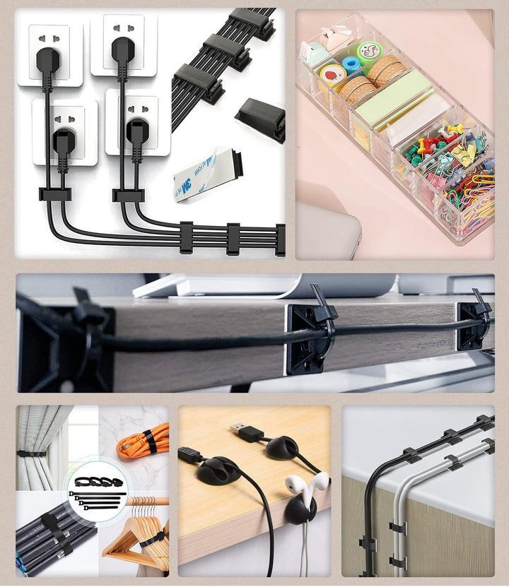 MiuCo 255Pcs Weiss Kabelmanagement Set Mit Kabelbox, Kabelhalter Selbstklebend, Rollenkabelbinder, S