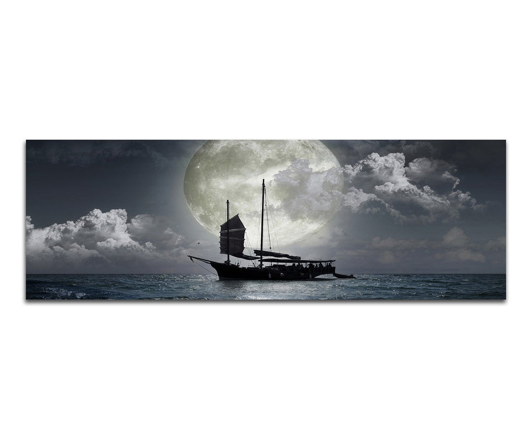 Paul Sinus Art Panoramabild auf Leinwand und Keilrahmen 120x40cm Meer Nacht Vollmond Segelschiff
