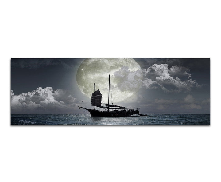 Paul Sinus Art Panoramabild auf Leinwand und Keilrahmen 120x40cm Meer Nacht Vollmond Segelschiff