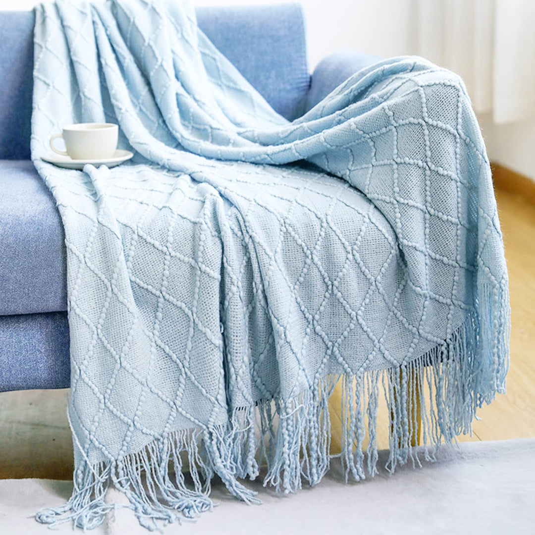 LumiSyne Gestrickte Decke Mit Quaste Einfarbig Geometrische Muster Kuscheldecke Strickdecke Tagesdec