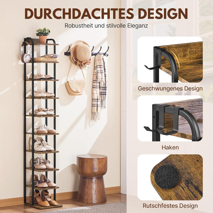 Yaheetech Schmales Schuhregal, Schuhablage mit 10 Ebenen, Platzsparender Schuhschrank Holz im Vintag