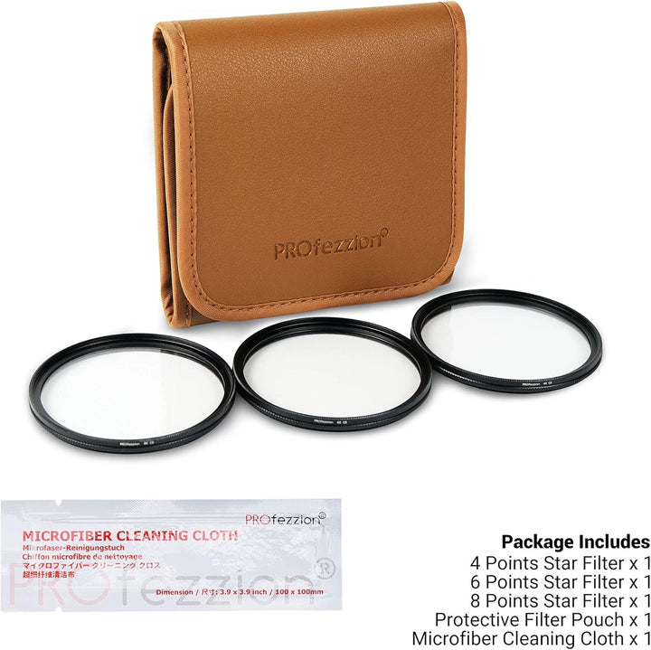 PROfezzion 77mm Variabler Sternfilter 3 Stück (4 Punkte,6 Punkte,8 Punkte) mit Filtertasche für Cano