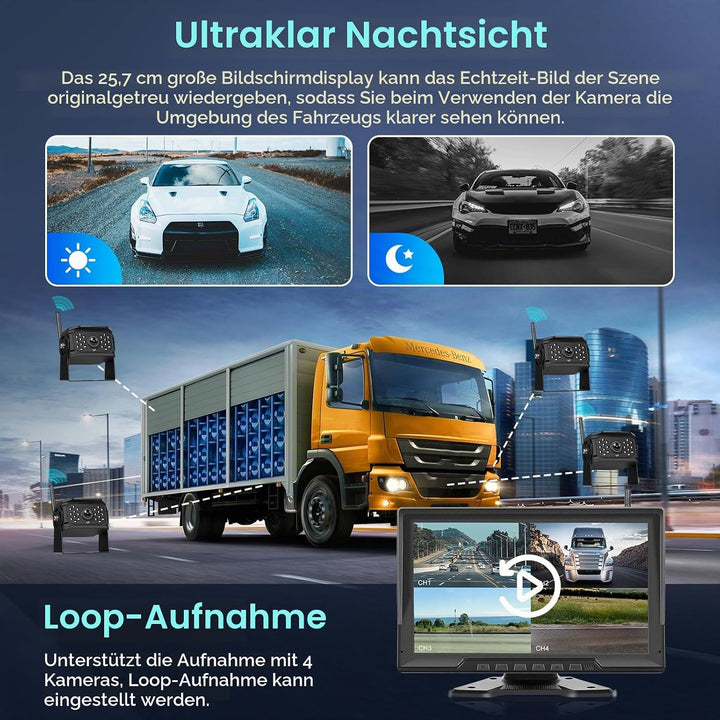 Hodozzy Digitale Kabellos Rückfahrkamera 4 Kameras,10,1 Zoll IPS HD Rückfahrmonitor mit Geteiltem Bi