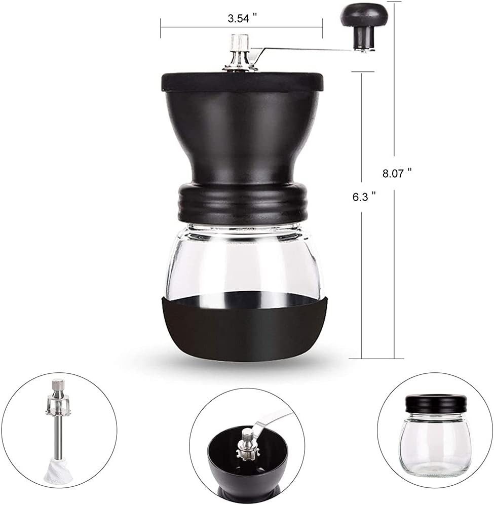 Manuelle Kaffeemühle mit Keramik-Frässtiften, 350 ml,Glasdosen, Silikonabdeckung und Edelstahlgriff,