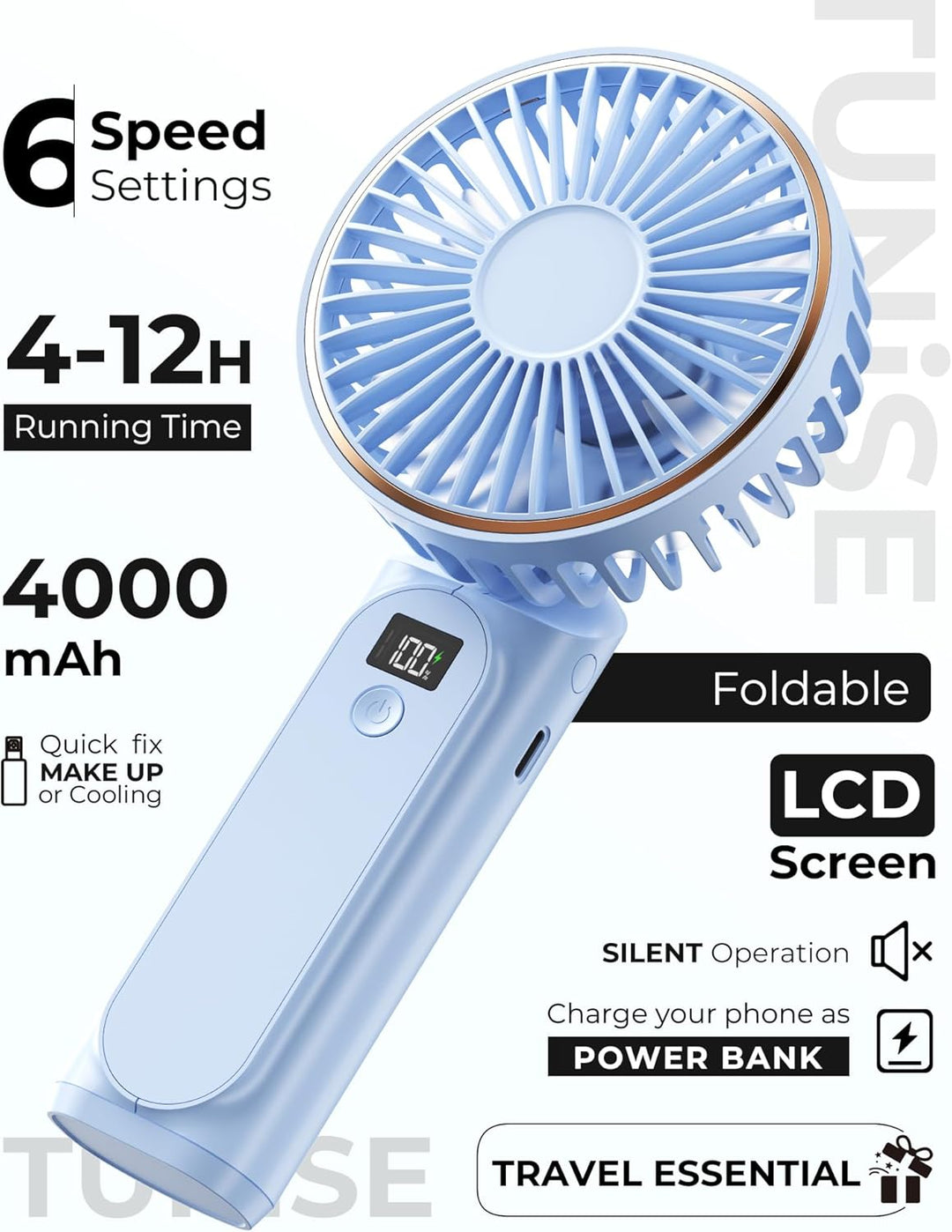TUNISE tragbarer, wiederaufladbarer Ventilator, 4000 mAh, 180° verstellbar, 6 Geschwindigkeiten, Str