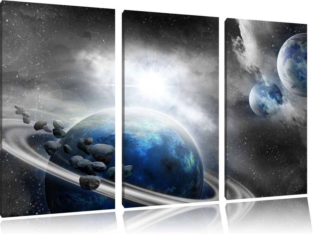 Pixxprint Planeten und Meteoriten im Weltraum B&W Detail als Leinwandbild/Grösse: 3 Teilig (120x80 c