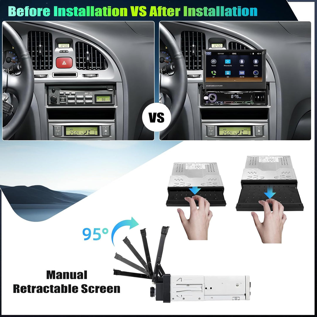 CAMECHO Autoradio 1 Din Wireless Carplay mit 7 Zoll Touchscreen Bluetooth Radio Manuelle Ausfahrbare
