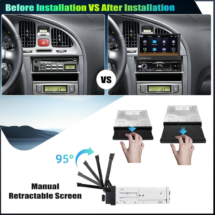CAMECHO Autoradio 1 Din Wireless Carplay mit 7 Zoll Touchscreen Bluetooth Radio Manuelle Ausfahrbare