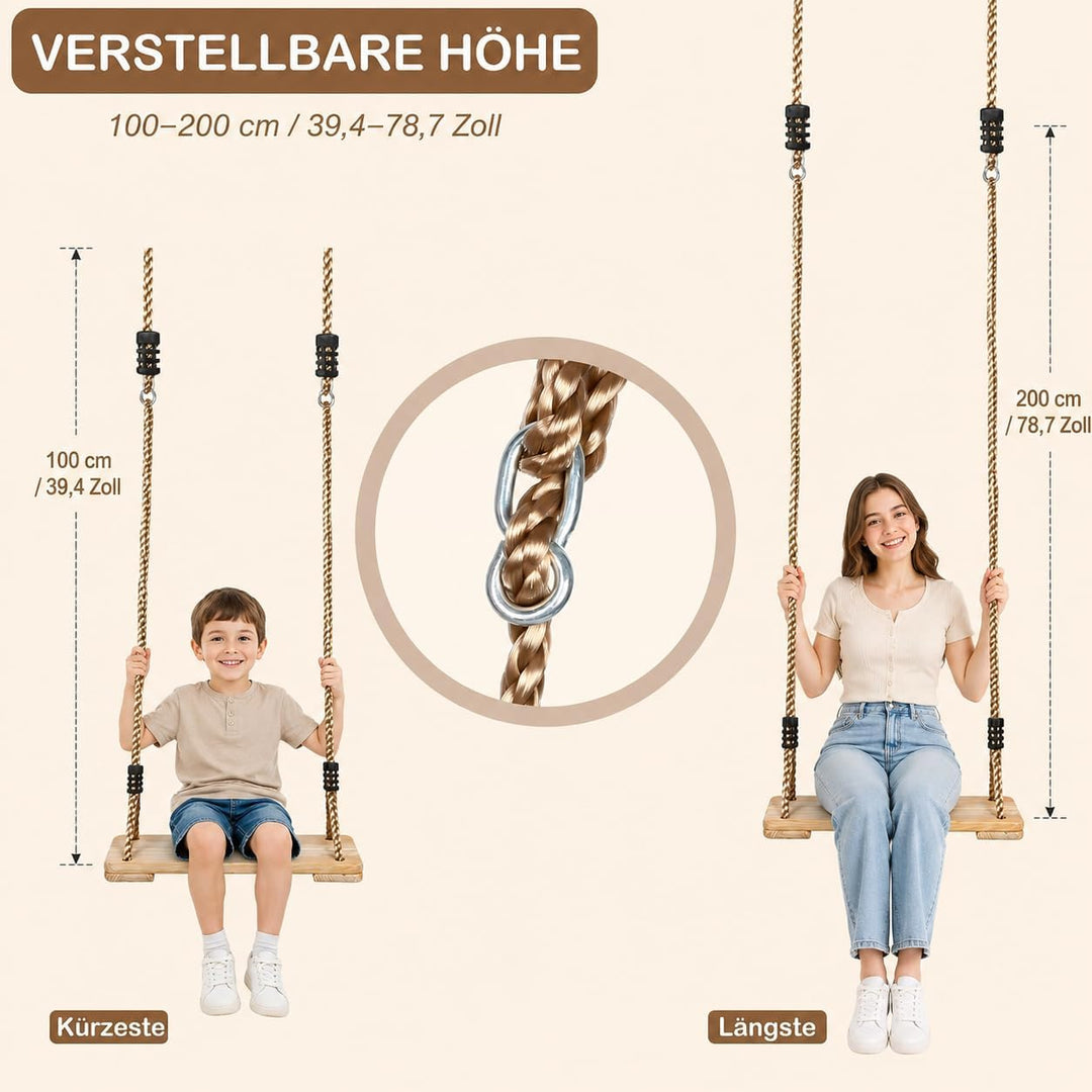 EXTFANS Holz Schaukel, Kinderschaukel mit Einstellbares Seil, 40 * 16 * 1,6cm, Baumschaukel bis 100