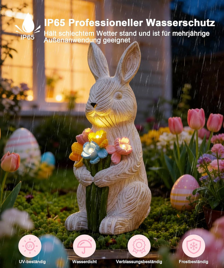 Yeomoo Kaninchen Figuren mit Blumen Solarlampen Gartendeko Deko Zimmer - Lustige Hase mit Solarleuch