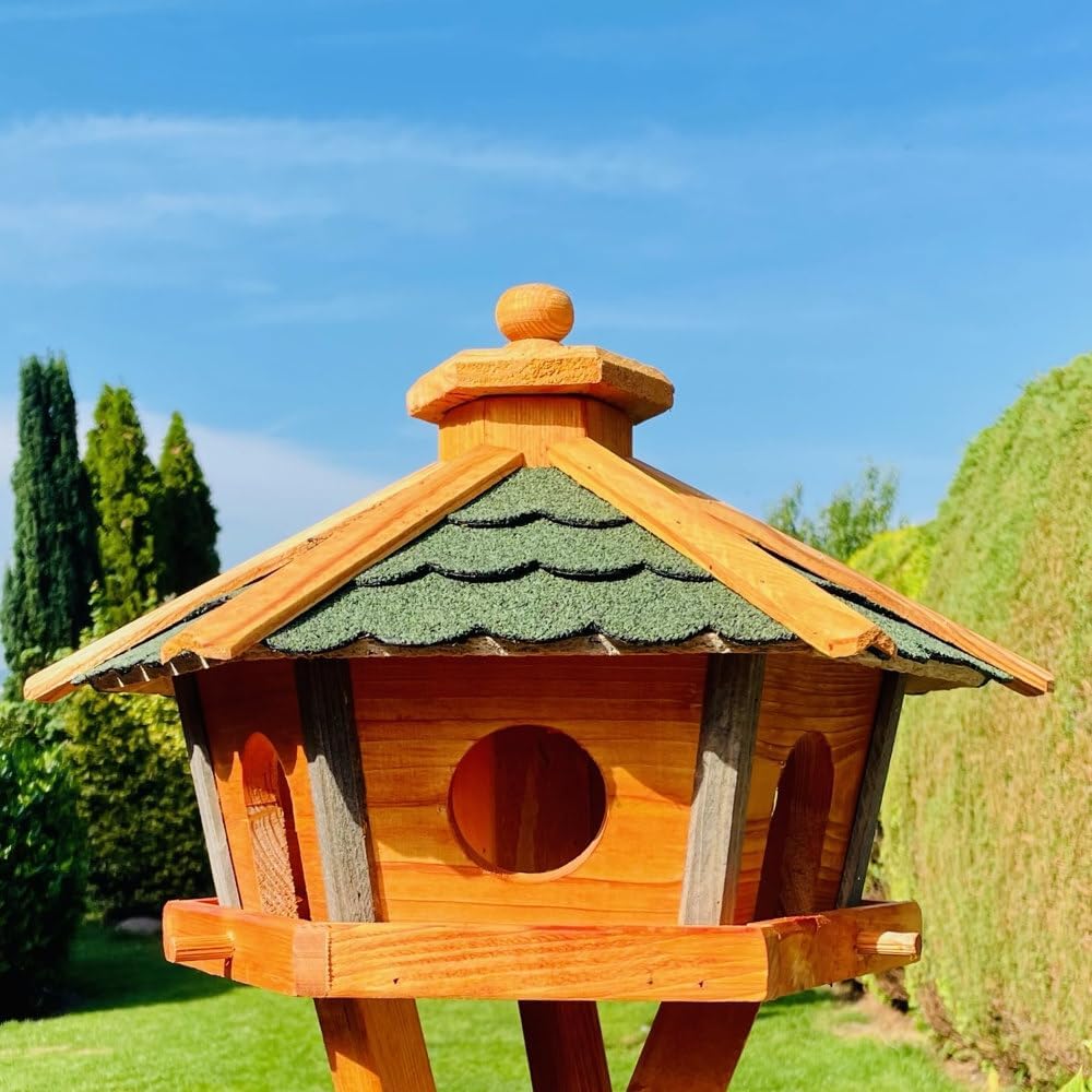 Vogel Futter Haus L oder XL Sechseck Holz Vogelhaus Futterstelle Braun/Blau, Rot, Schwarz und Grün (