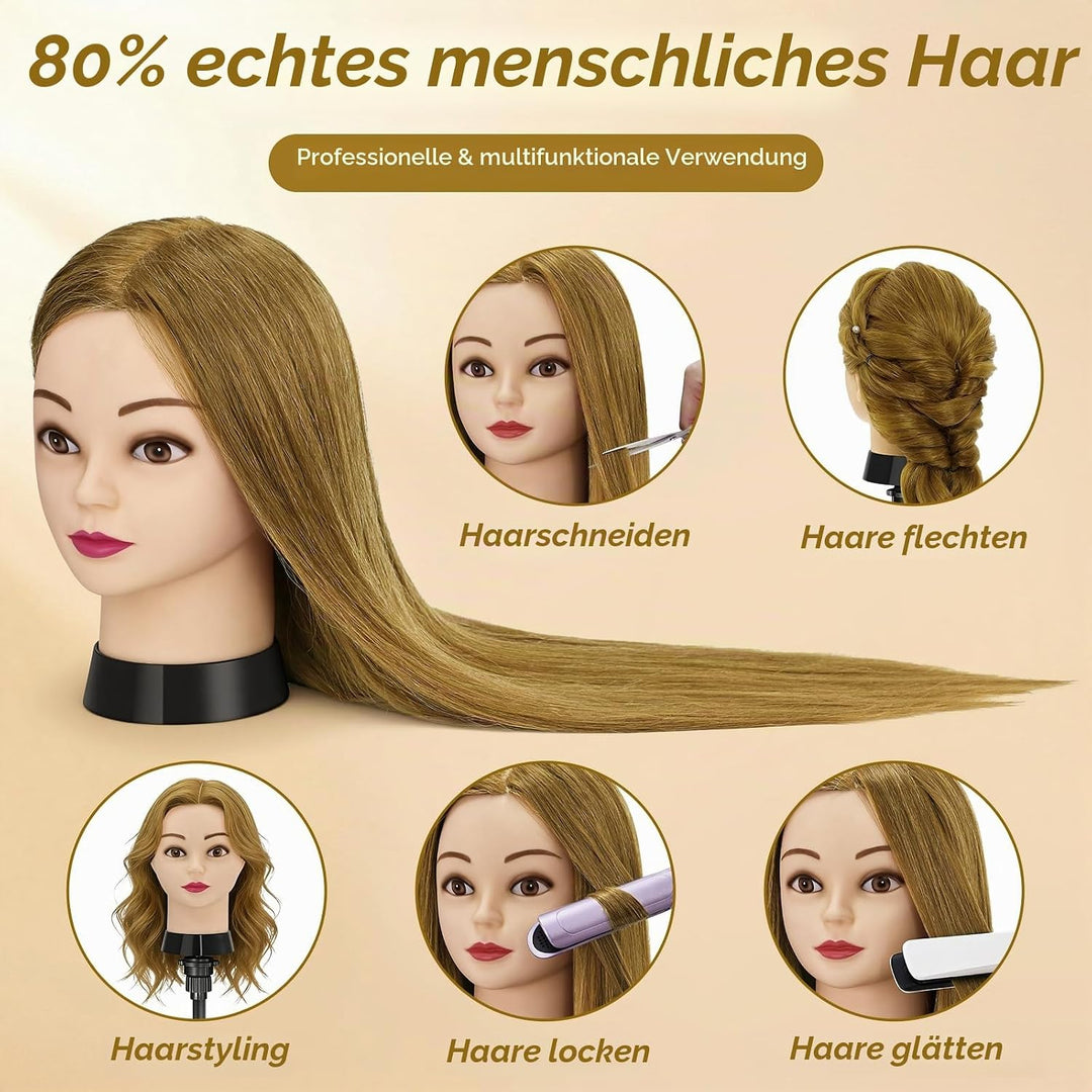 Frisierkopf,80% Puppenkopf Echthaar Blonden Haare,24 Zoll Puppe Übungskopf zum Frisieren,Trainingsko