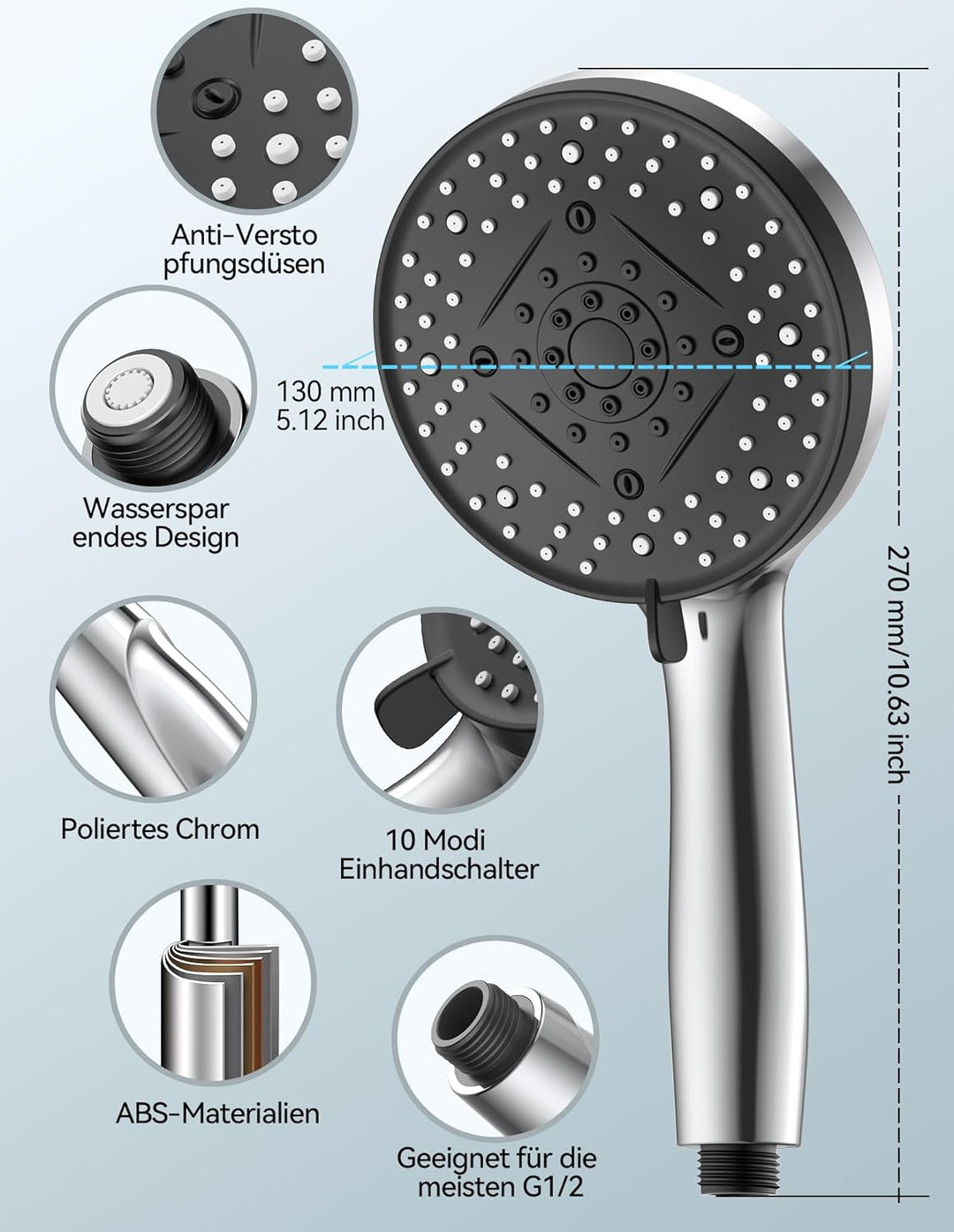 VOXON Duschkopf Wassersparend, Duschbrause mit 10 Strahlarten, Handbrause rund (130 mm), Grossem Reg
