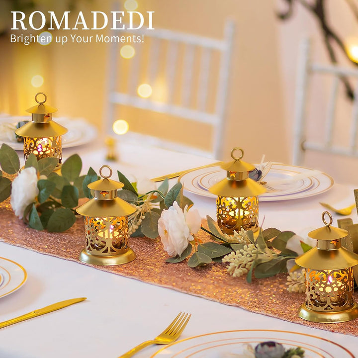Romadedi Teelicht Laterne Gold Deko - 12er Set Vintage Laterne Kerze Metall Klein mit Gravur für Ker