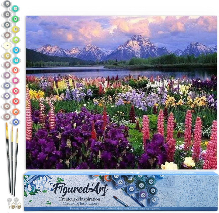 Figured'Art Malen Nach Zahlen Erwachsene Blumen und See am Fusse des Berges - Paint by Numbers Baste