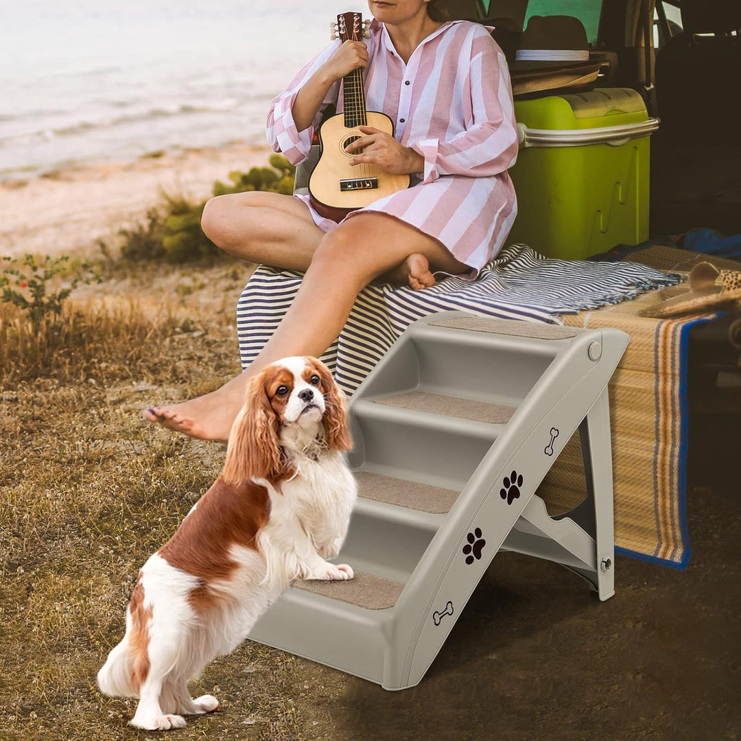 GOPLUS Hundetreppe mit 4 Stufen, Tragbare Tiertreppe aus Kunststoff, Klappbare Treppe für Haustiere,