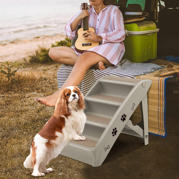 GOPLUS Hundetreppe mit 4 Stufen, Tragbare Tiertreppe aus Kunststoff, Klappbare Treppe für Haustiere,