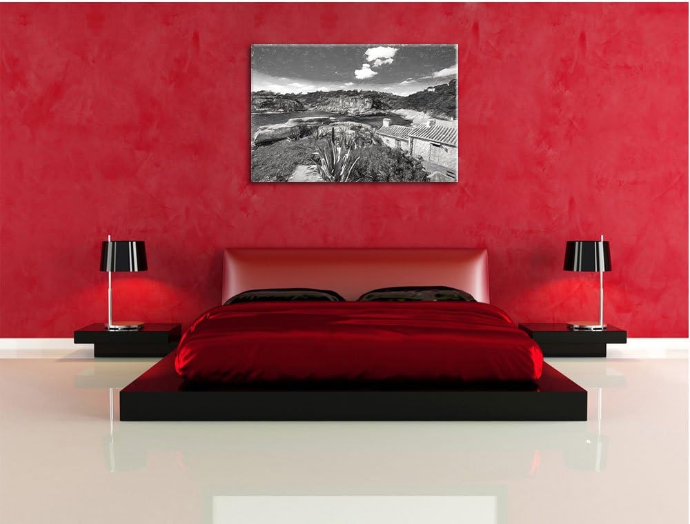 Pixxprint Ferienhaus an der spanischen Küste Kunst Kohle Effekt, Format: 100x70 auf Leinwand, XXL ri