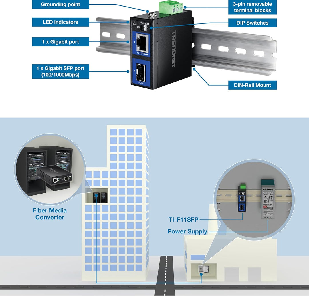 TRENDnet TI-F11SFP Gehärteter Industrieller 100/1000 Base-T zu SFP Medienkonverter, DIN-Schiene/Wand