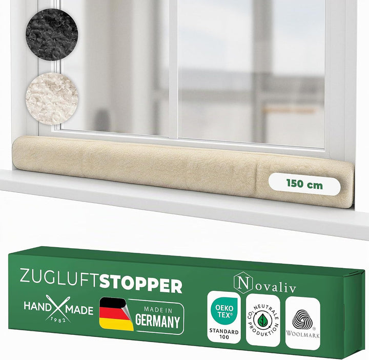 Zugluftstopper für Fenster 150cm Natur Schurwolle – stoppt Zugluft &amp; Kälte, dämpft Lärm/Staub/Licht,