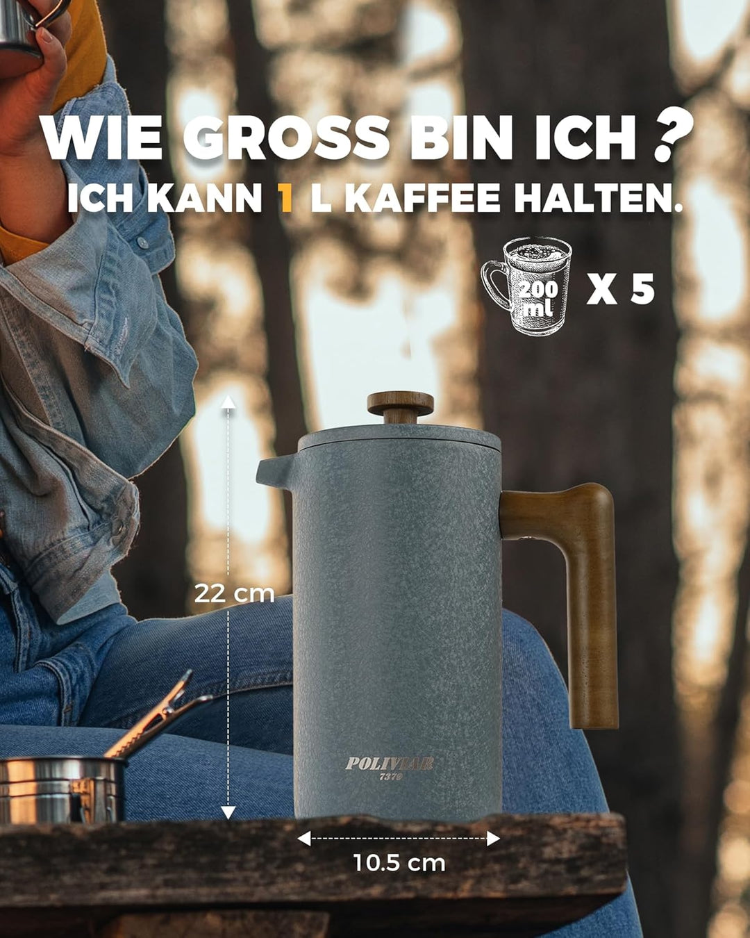 Poliviar French Press Kaffeebereiter 1 Liter/8 Tassen- Doppelwandige Isolierte Kaffeekanne und Teebe