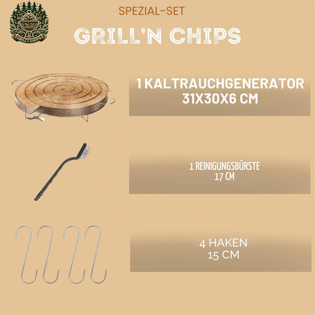 Kaltrauchgenerator (30 cm) /Räucherschnecke für Räucherofen Fleisch und Fisch + 4 Fleischerhaken und