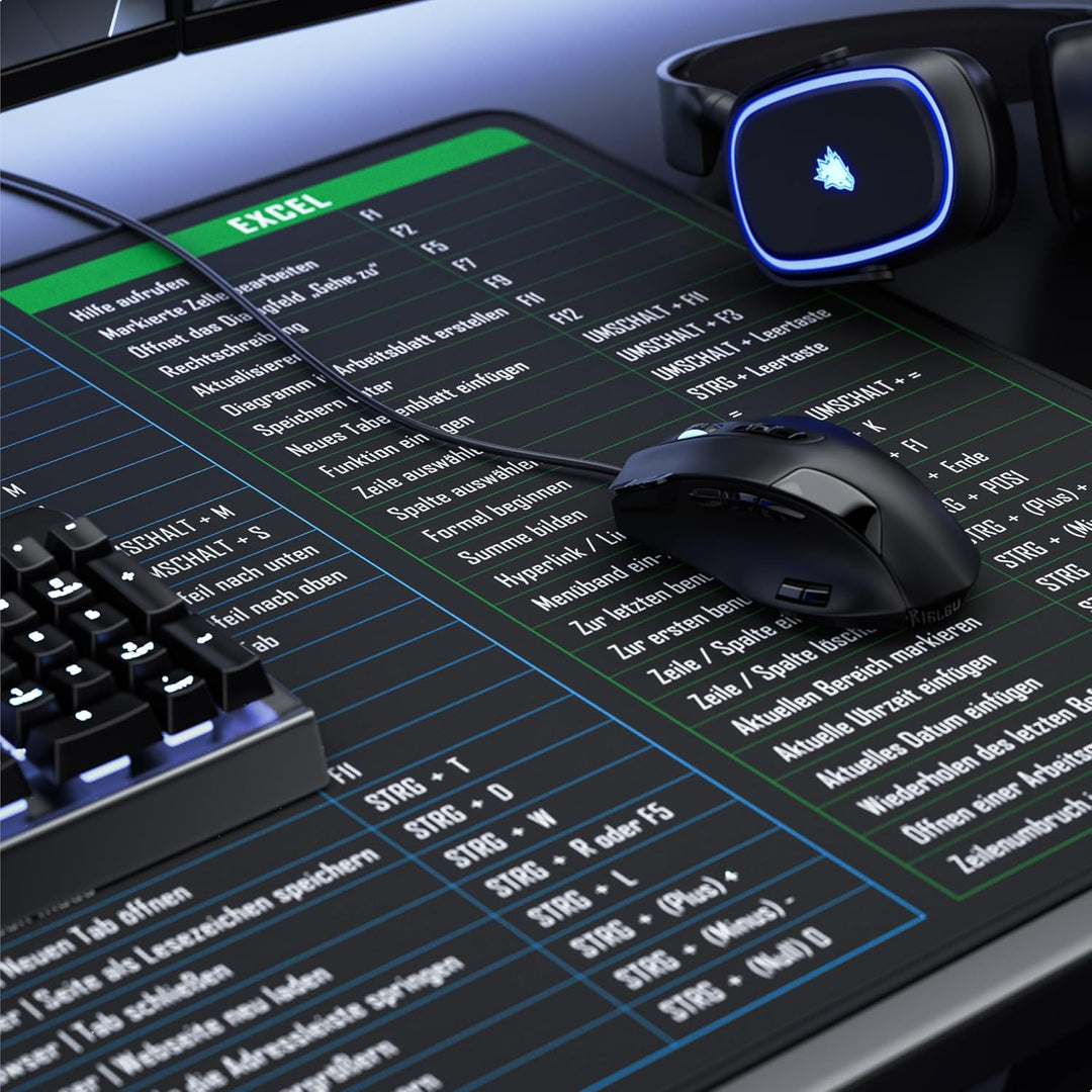 TITANWOLF - XXL Speed Gaming Mauspad 1200 x 600mm - Excel Windows Outlook Word Shortcut Tastenkürzel