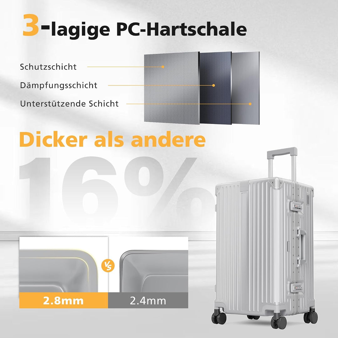 ALPHA CAMP Koffer Grösse TSA Schloss Suitcase Large Koffer L Silber 66L | Aluminium Rahmen &amp; Polycar