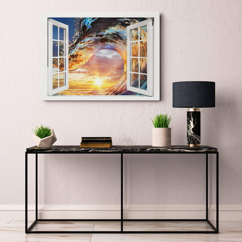 PICANOVA – Bild auf Leinwand Wellen-Sonnenuntergang Fenster 80x60cm – Leinwandbild – Premium Leinwan