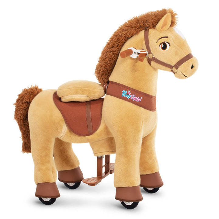 PonyCycle® Schaukelpferd auf Rollen | für Kinder 3–4 Jahre, 76cm | Hellbraunes Plüsch Reitpferd mit