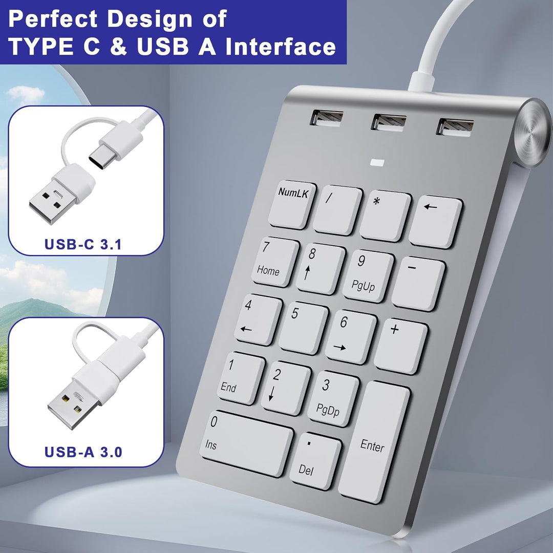USB C/USB A Numeric Keypad Wired, Ziffernblock Ergonomischer Mini Nummernblock mit 3 USB 2.0 Ports,