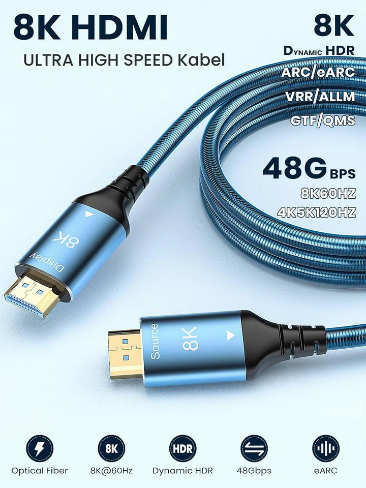 8K HDMI Glasfaserkabel 15m, Stahlpanzerung Optisch HDMI 2.1 Kabel Ultra High Speed 8K UHD Druckfest