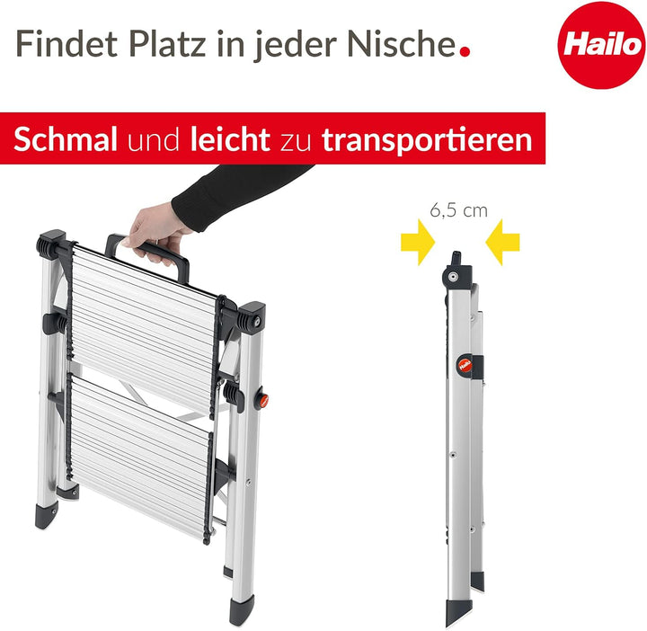 Hailo MK80 ComfortLine Alu-Klapptritt-Leiter - 2 grosse Stufen bis 150 kg - Komfort-Trittleiter mit