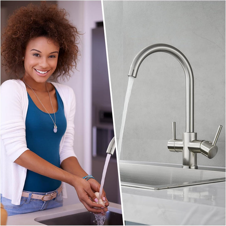 KEOKBON Küchenarmatur 3 Wege Wasserhahn, Tinkwasserhahn und Küchenmischer 360° Drehbar, Gebürstet Ar