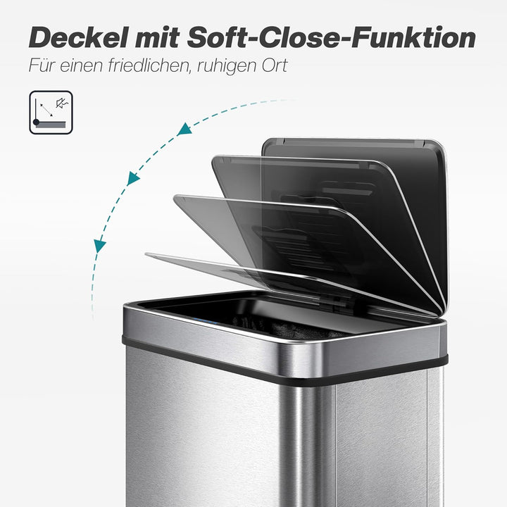 HOMCOM Mülleimer mit Sensor 50L Edelstahl Leiser Automatischer Abfalleimer mit Soft-Close-Deckel, Fi