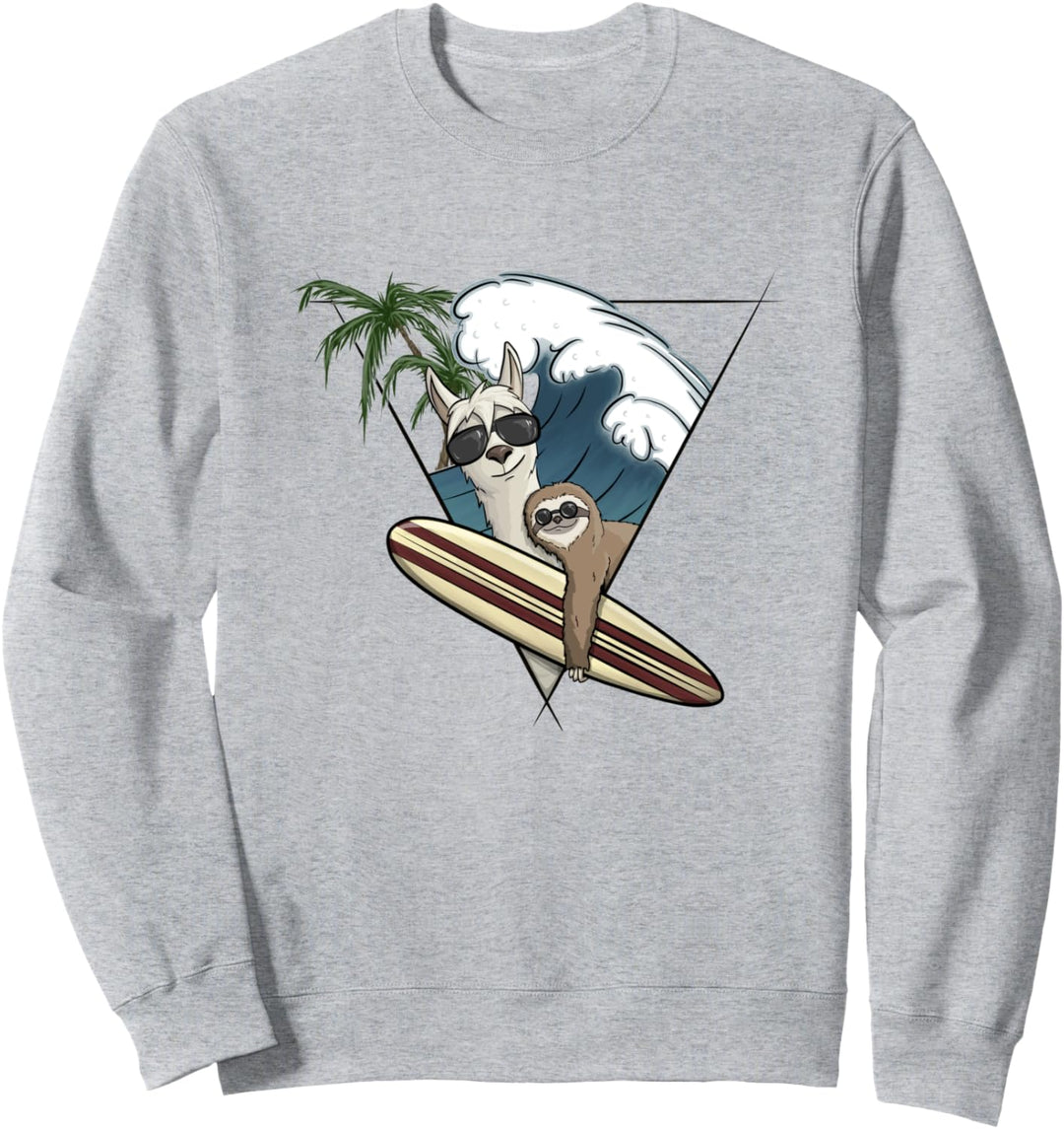 Surfer Lama und Faultier mit Longboard Welle und Palmen Sweatshirt
