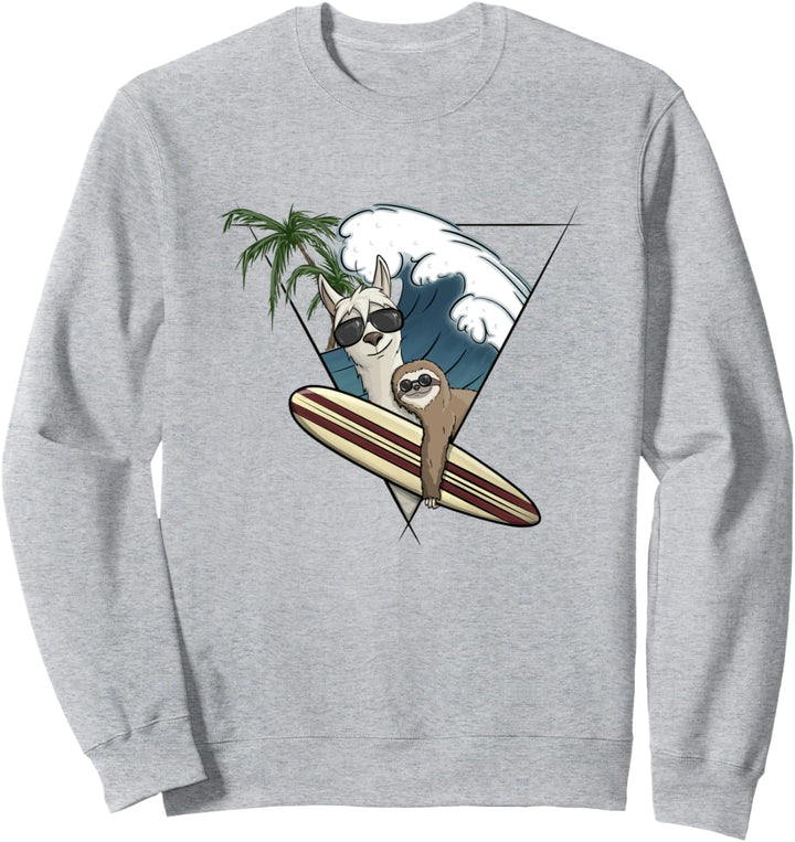 Surfer Lama und Faultier mit Longboard Welle und Palmen Sweatshirt