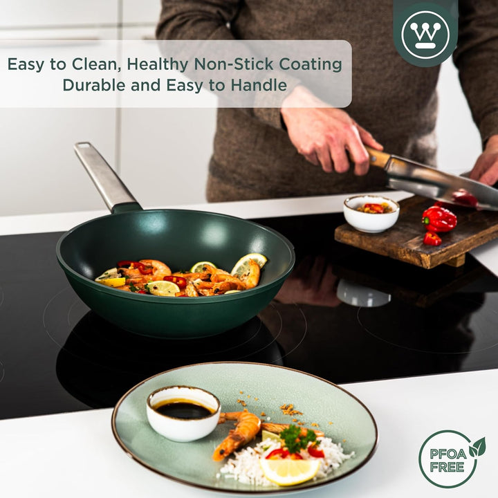 Westinghouse PERFORMANCE SERIES Wok Pfanne mit Deckel, Beschichtete Pfanne 28 cm mit Edelstahl-Griff