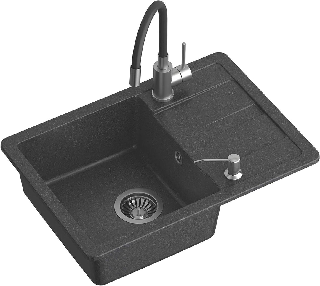 VBChome Spüle mit Armatur 62 x 44 cm Granit Schwarz Einzelbecken Küchenarmatür Flexible Armatur Einb