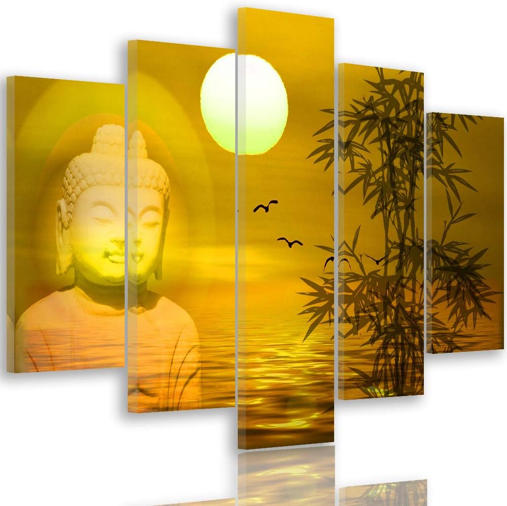 Feeby Wandbild XXL 5 Teilig Buddha Leinwandbild Sonne Baum Natur Zen gelb 300x140 cm Leinwandbild 30