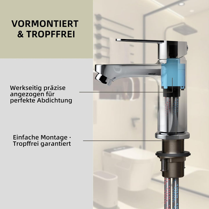 BELZ Einhebel Waschtischarmatur,Wasserhahn Bad Chrom 78mm | Einfache G3/8 Einlochmontage,Inklusive f