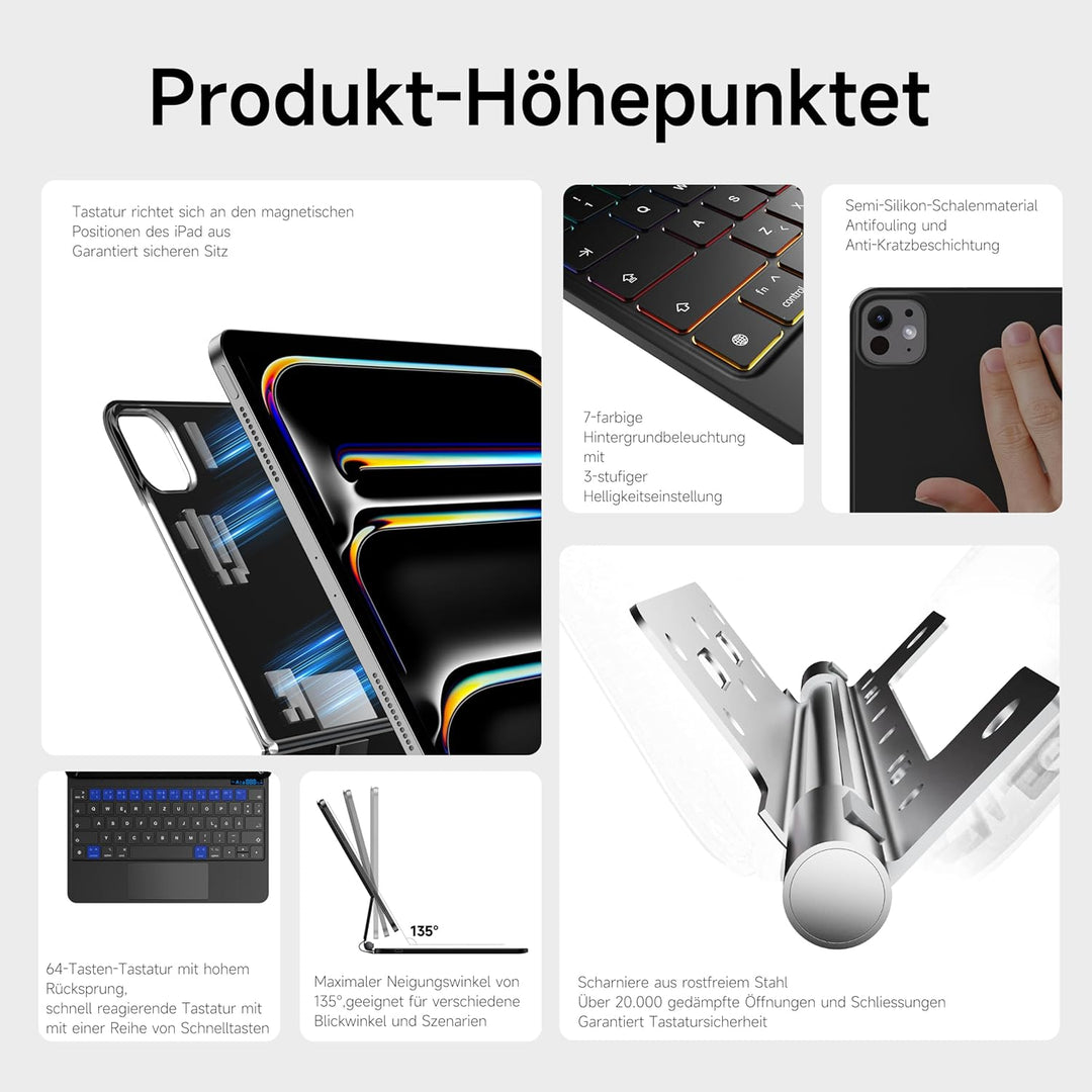 nimin Tastatur Hülle für iPad Pro 11 Zoll M5 2025 / M4 2024 mit Trackpad, Akkustatusanzeige, 7-farbi