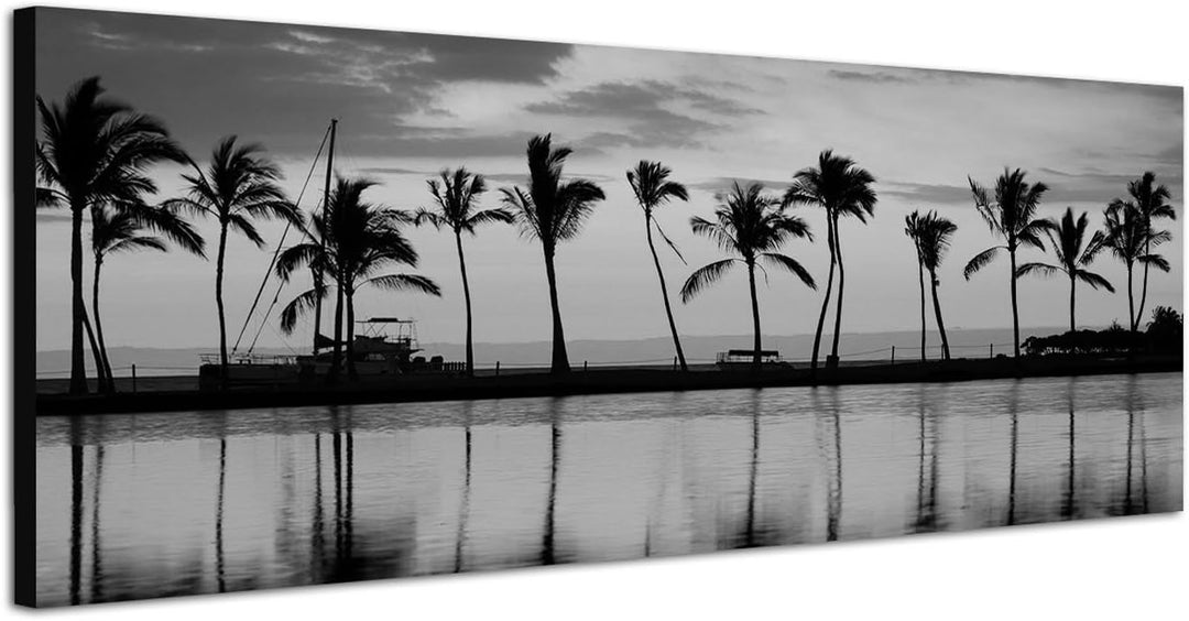Leinwandfoto als Panorama SCHWARZ/Weiss 150x50cm Hawaii Strand Meer Palmen Sonnenuntergang